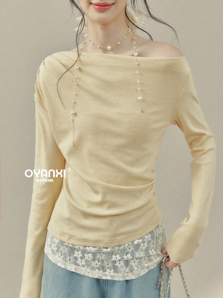 OYANXI レーストリム アシンメトリーネック フェイクレイヤードTシャツ