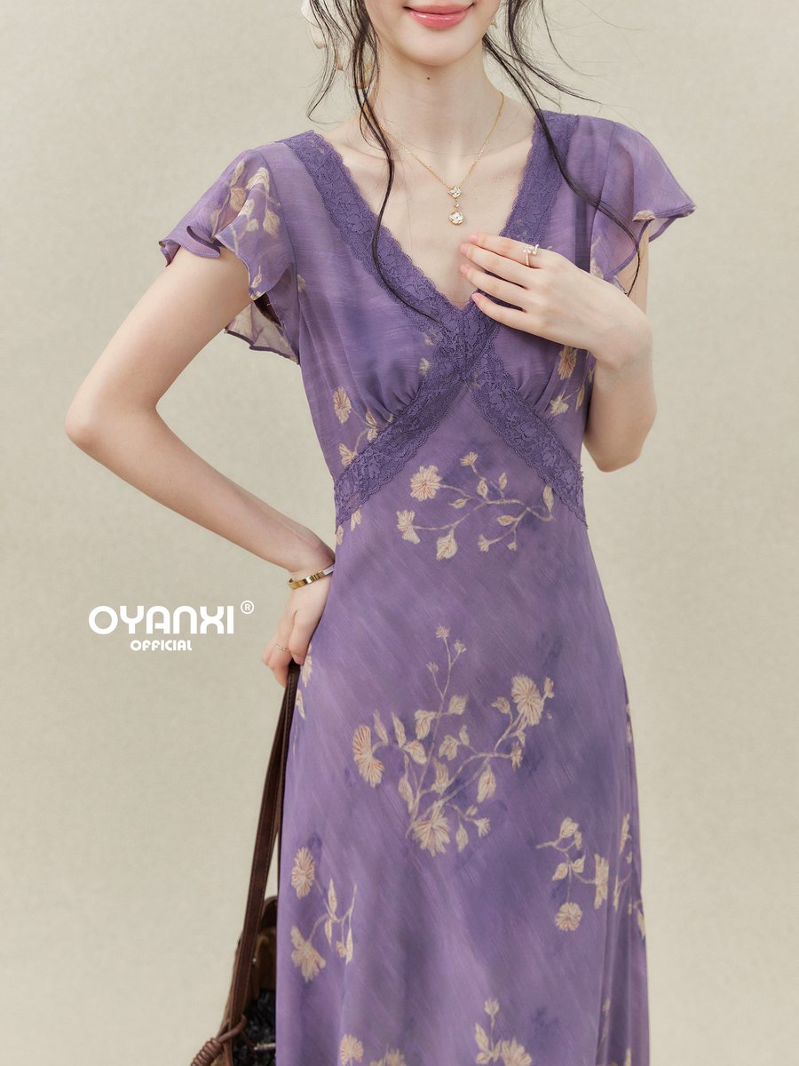OYANXI 小花柄 フリルスリーブ Vネック ロングワンピース
