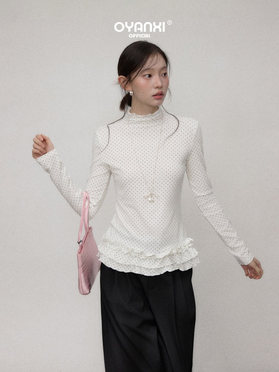 OYANXI ドット柄 ハイネック フリル裾 長袖Tシャツ