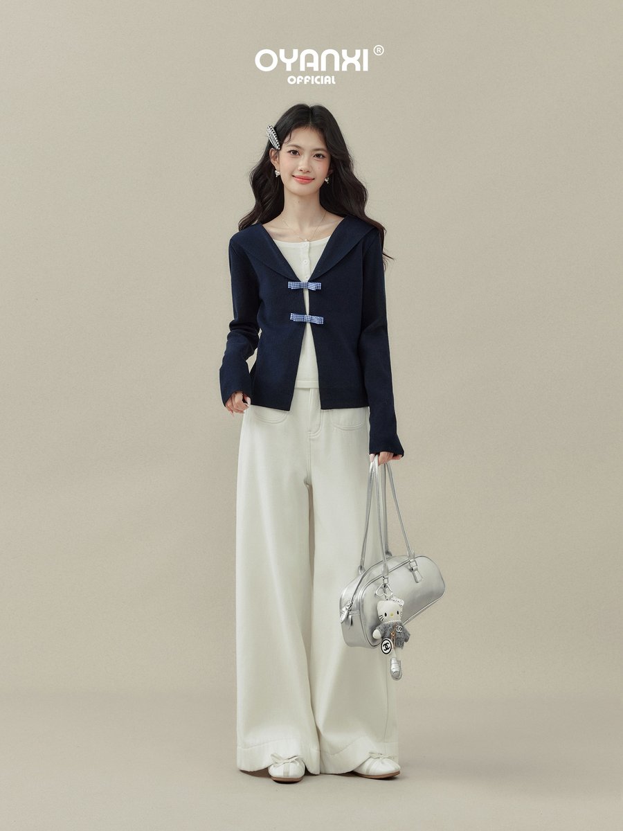 OYANXI セーラーカラー フェイクレイヤード ニットトップス