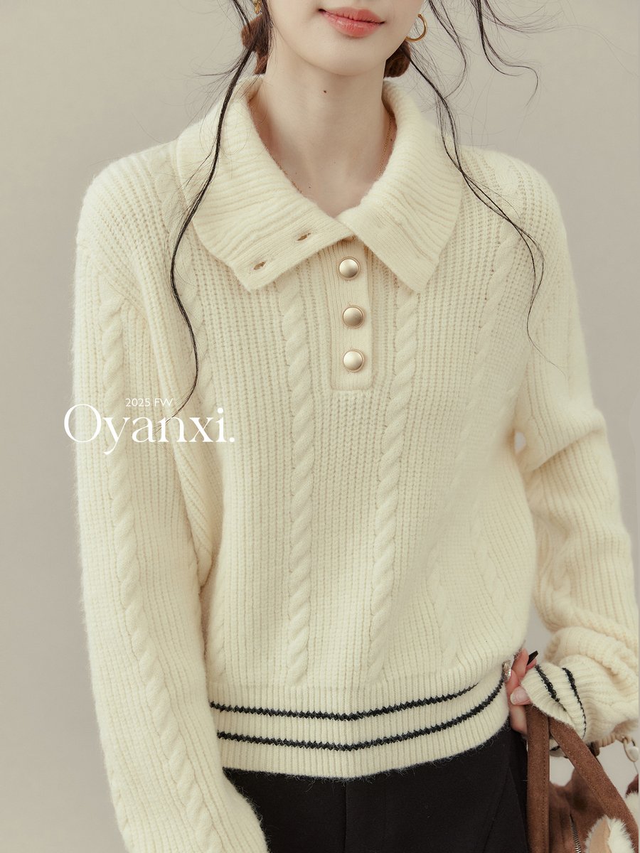 OYANXI 襟付き ケーブル編み プルオーバーニット
