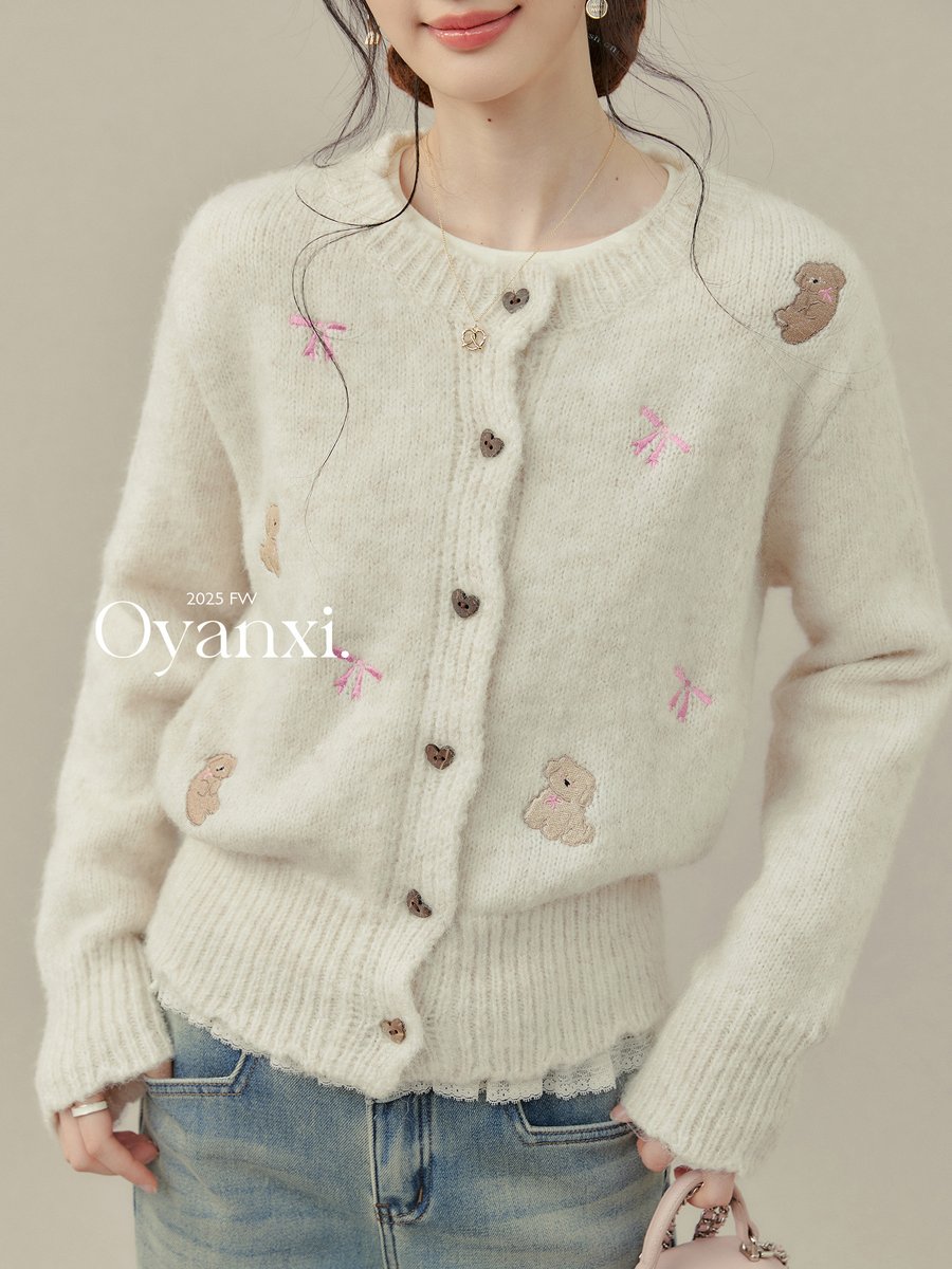 OYANXI リボン＆くま刺繍 ショート丈 ニットカーディガン