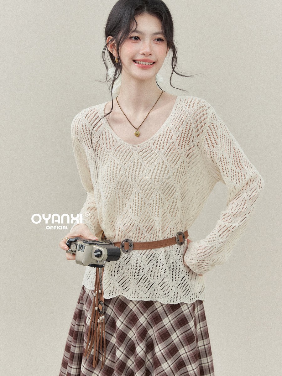 OYANXI ダイヤ柄透かし編み ベルト付き ニットトップス