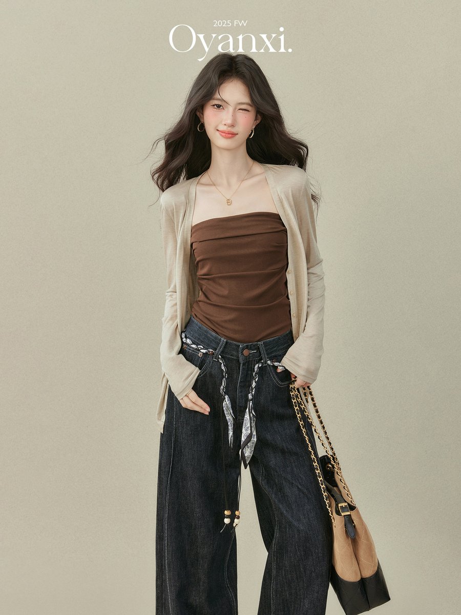 OYANXI ハイウエスト ストレート ワイドデニムパンツ