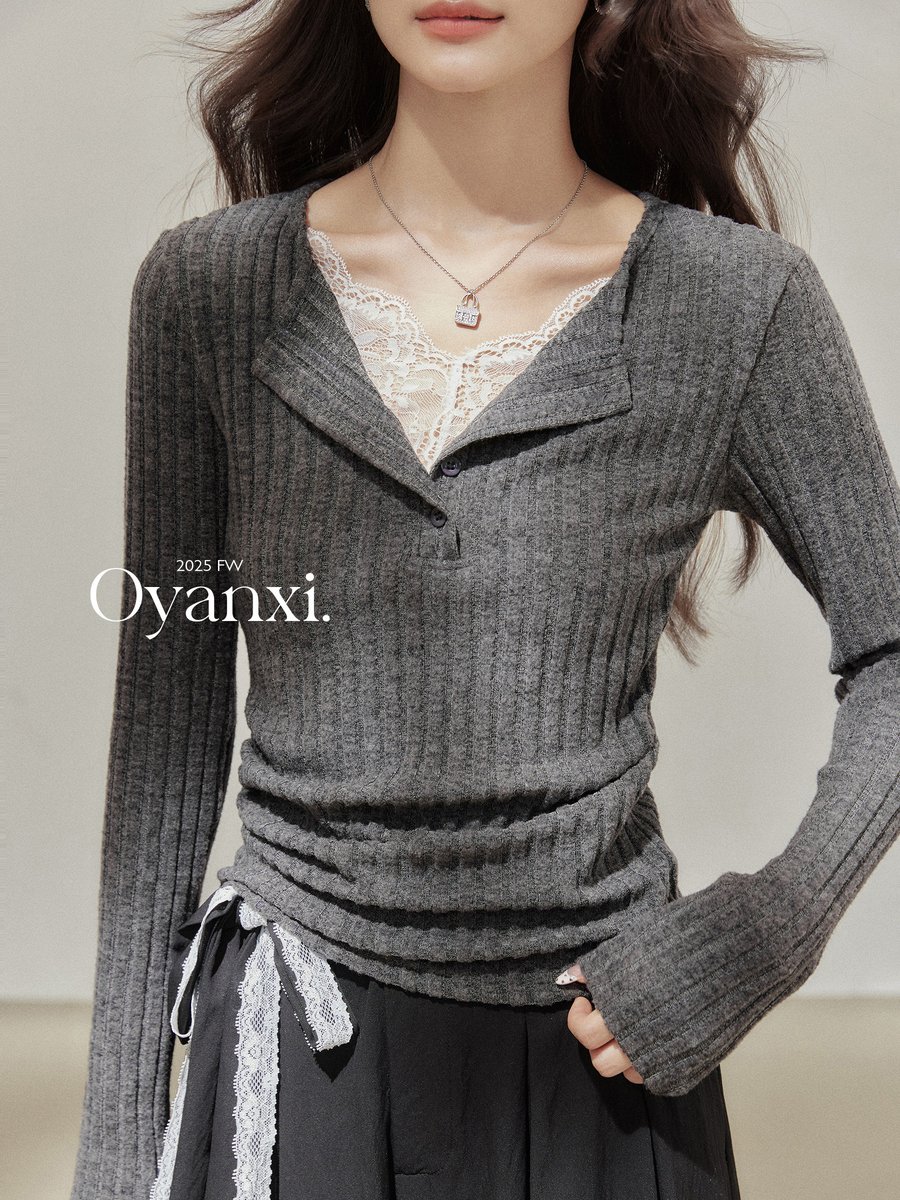 OYANXI レース フェイクレイヤード Vネック ニット