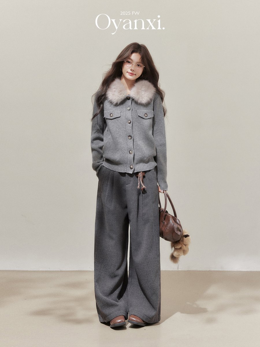 OYANXI ファーカラー ゆったり ニットカーディガン