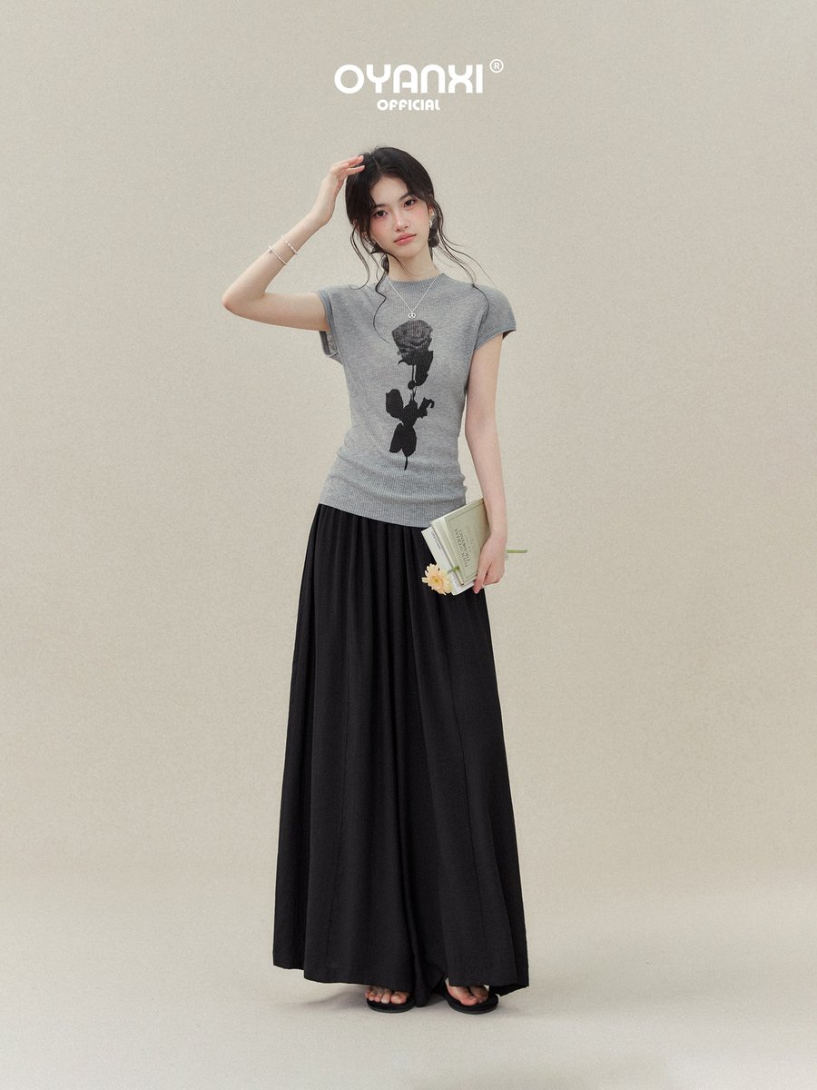 OYANXI フラワーモチーフ スリム 半袖ニットトップス