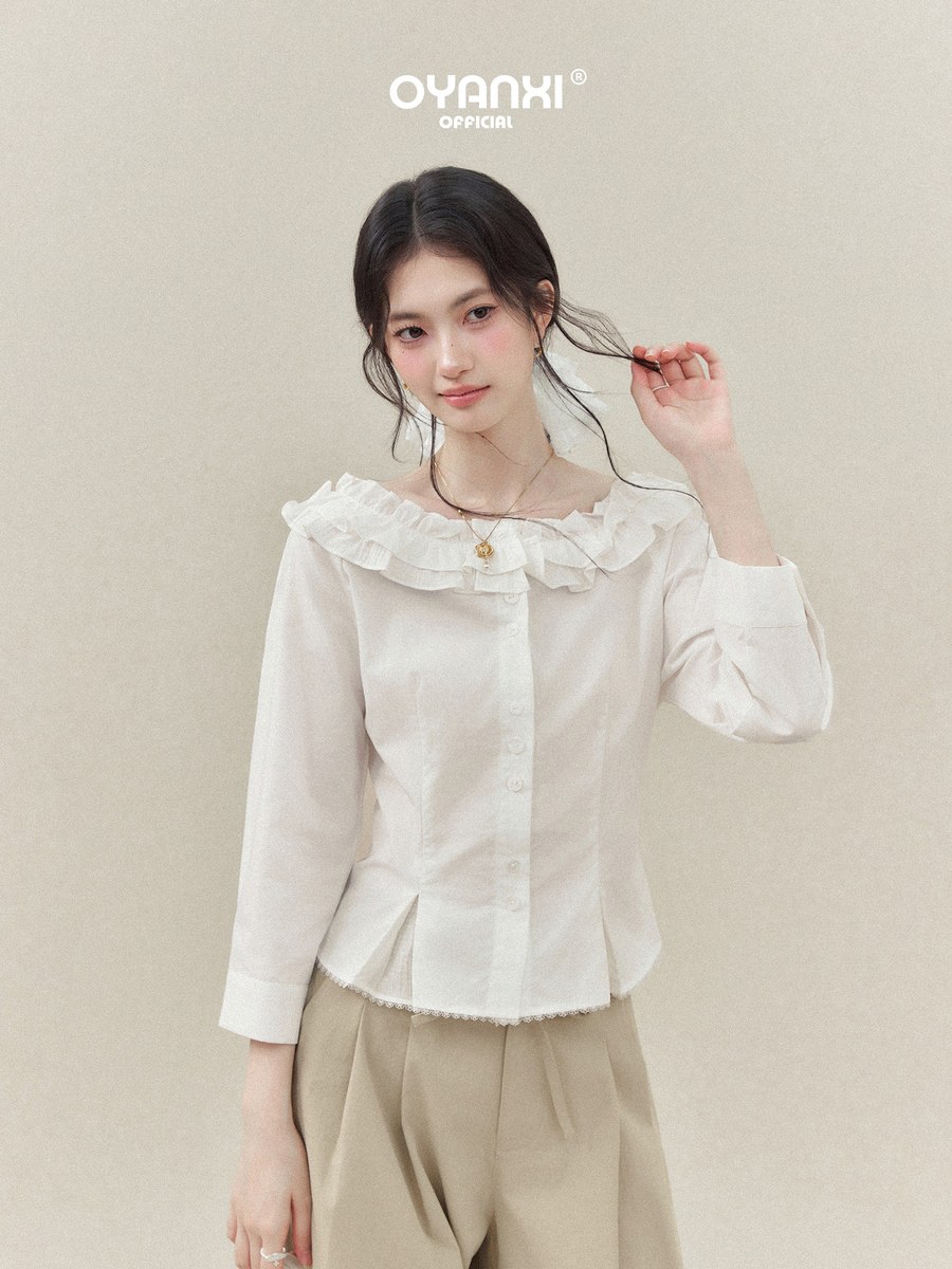 OYANXI ダブルフリル オフショルダー レーストリム ブラウス