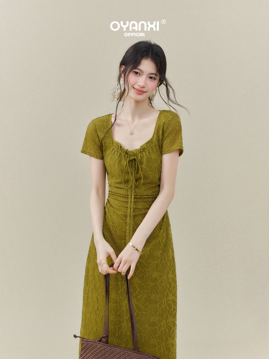 OYANXI レトロ スクエアネック 半袖ロングワンピース