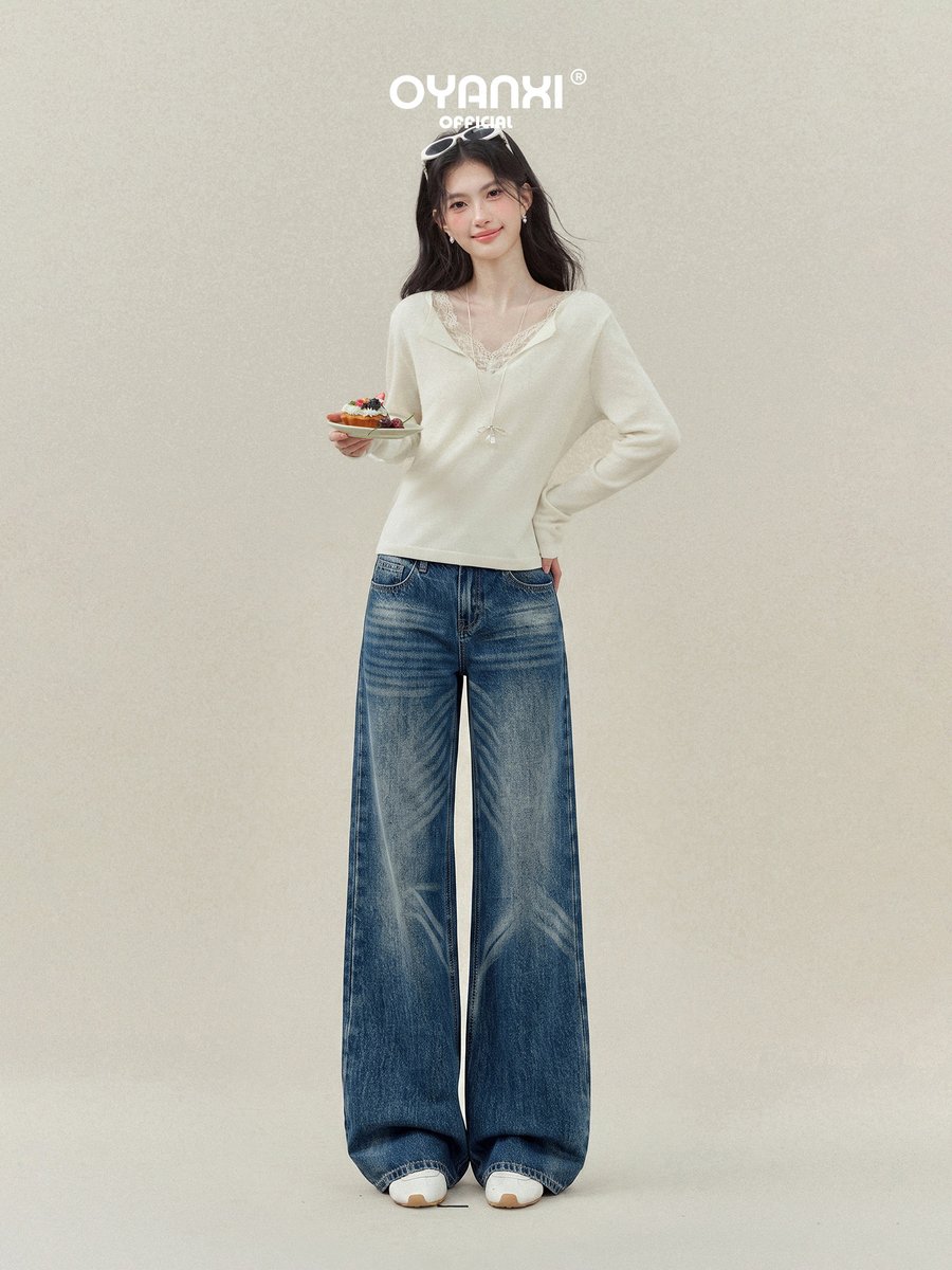 OYANXI ヴィンテージ加工 ミッドウエスト ワイドデニムパンツ
