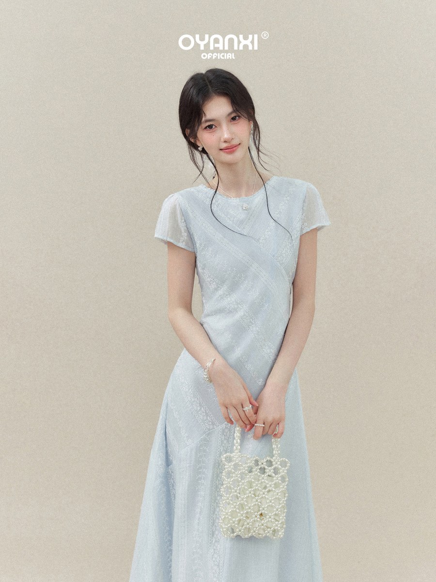 OYANXI レーストリム フリルスリーブ ウエストシェイプ ワンピース