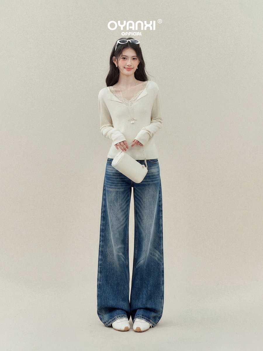 OYANXI ヴィンテージ加工 ミッドウエスト ワイドデニムパンツ
