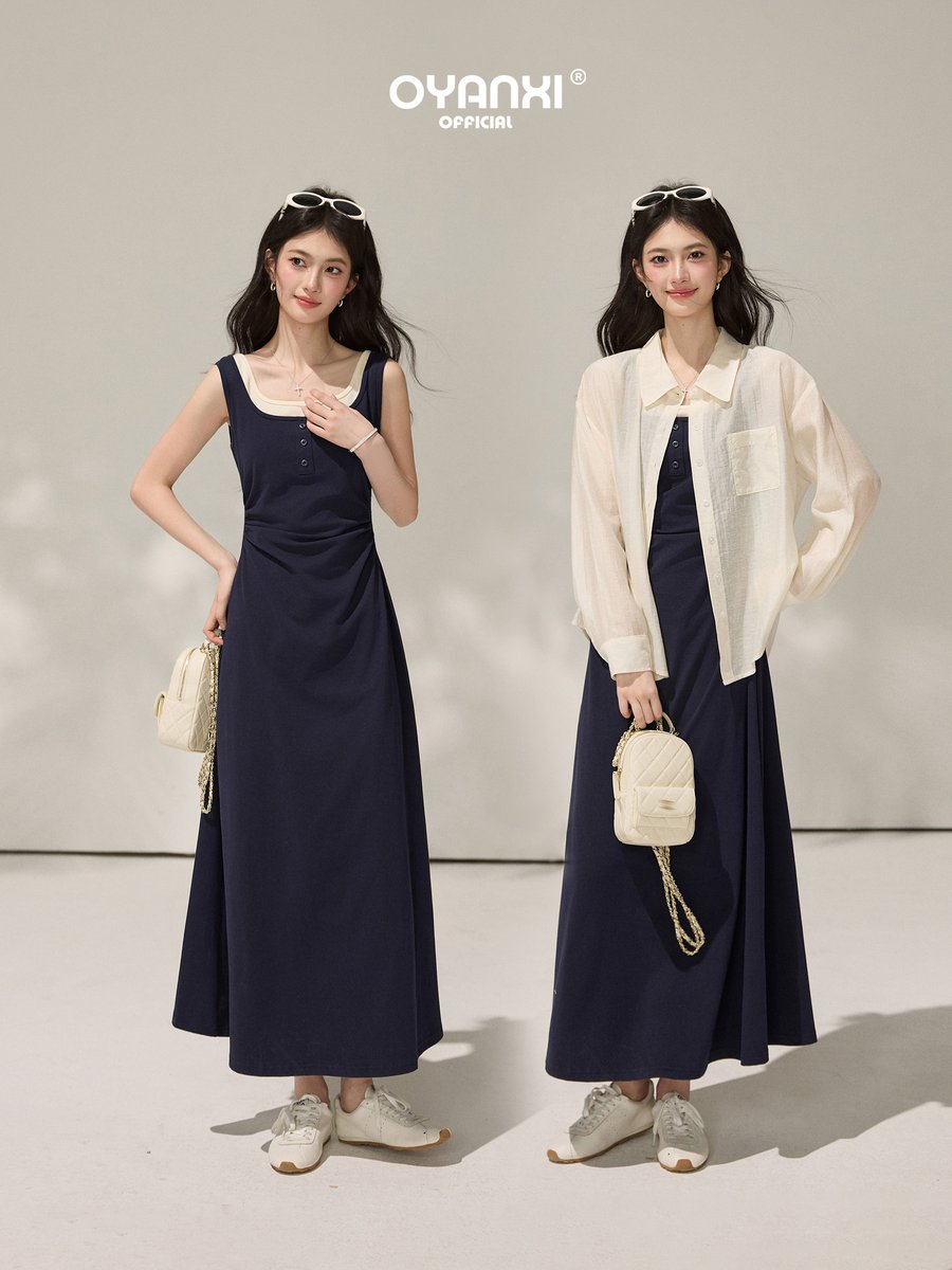OYANXI スクエアネック フェイクレイヤード ノースリーブワンピース