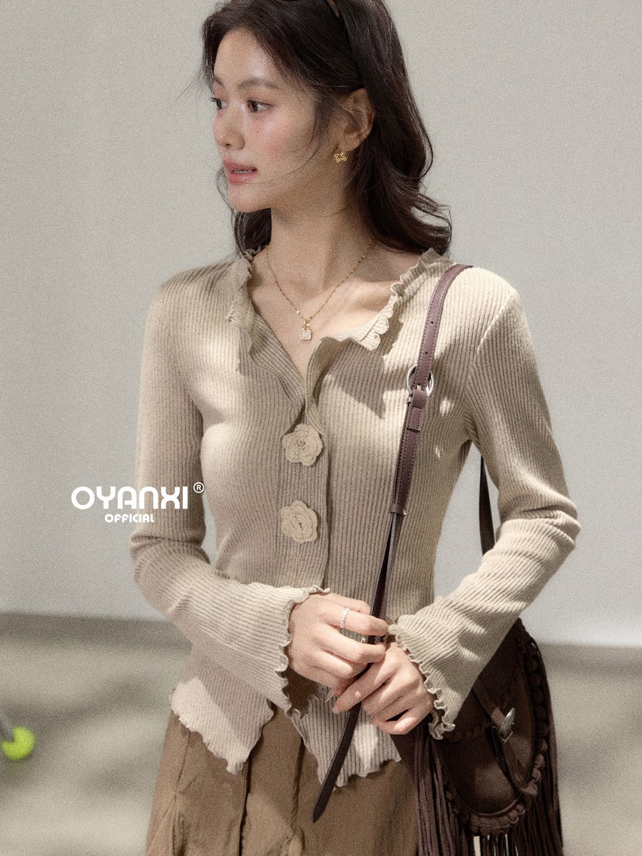 OYANXI フラワーボタン 切り替え フリル袖 長袖Tシャツ