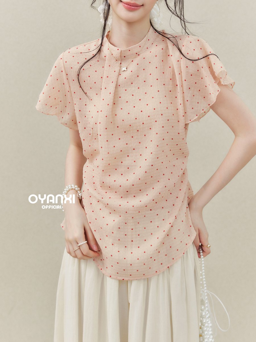 OYANXI ドット柄 フリルスリーブ 半袖シャツブラウス