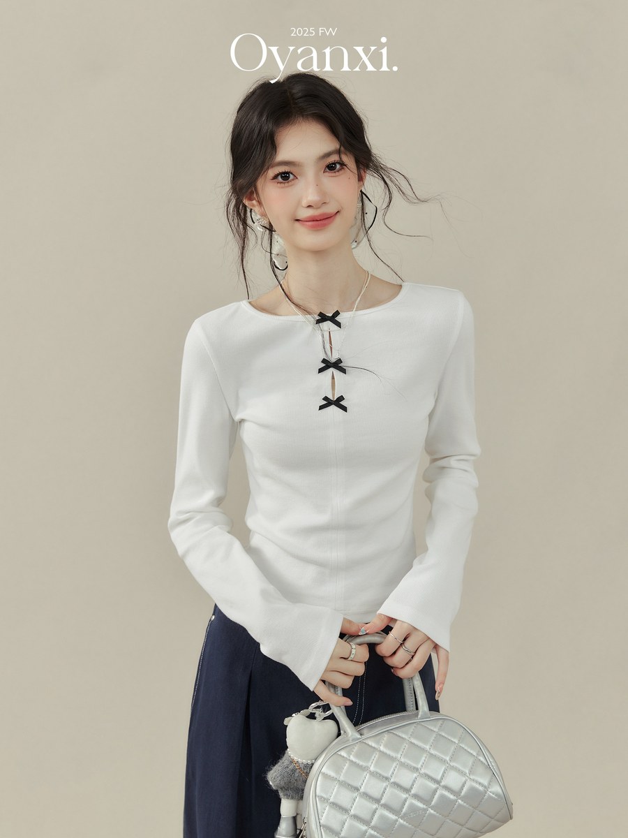 OYANXI リボン すっきりシルエット 長袖Tシャツ