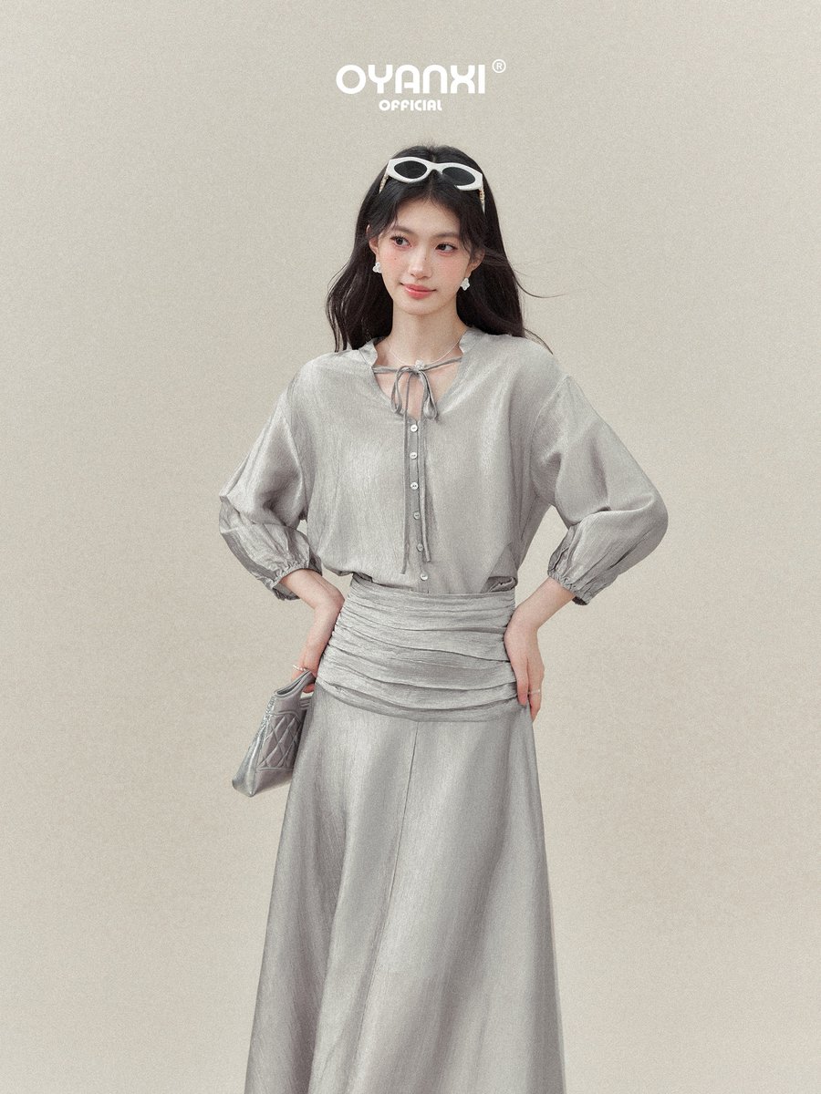 OYANXI アシンメトリーヘム Vネック 長袖ロングワンピース