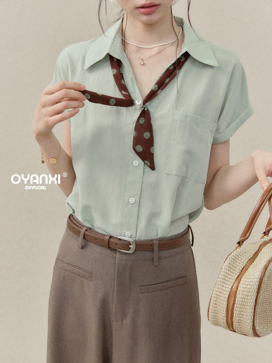 OYANXI スカーフ付き 襟付き ゆったり 半袖シャツ