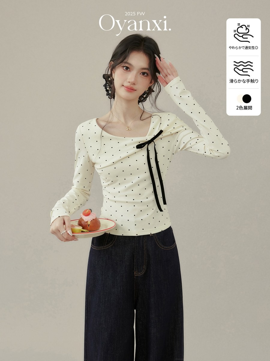 OYANXI ドット柄 リボン付き 長袖Tシャツ