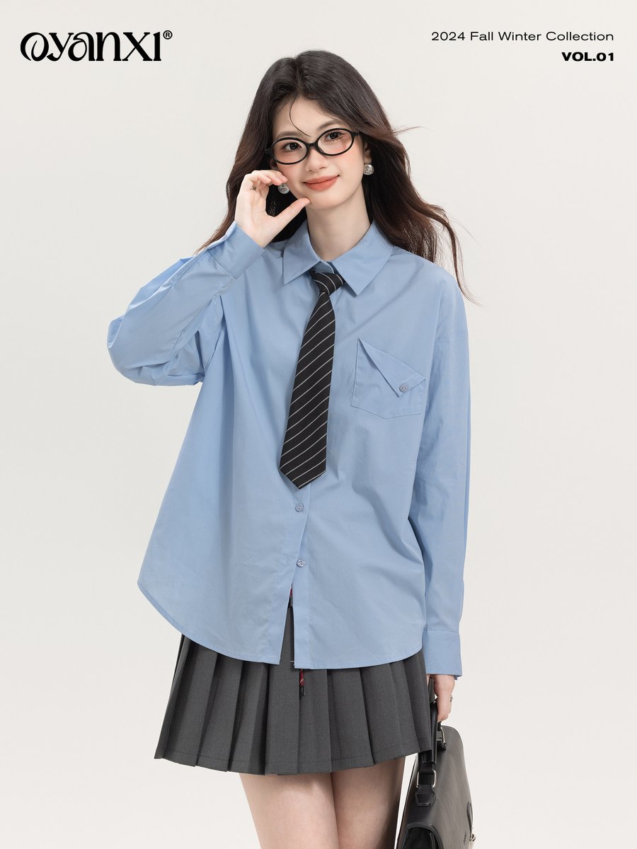OYANXI シンプル 長袖シャツ ブルー
