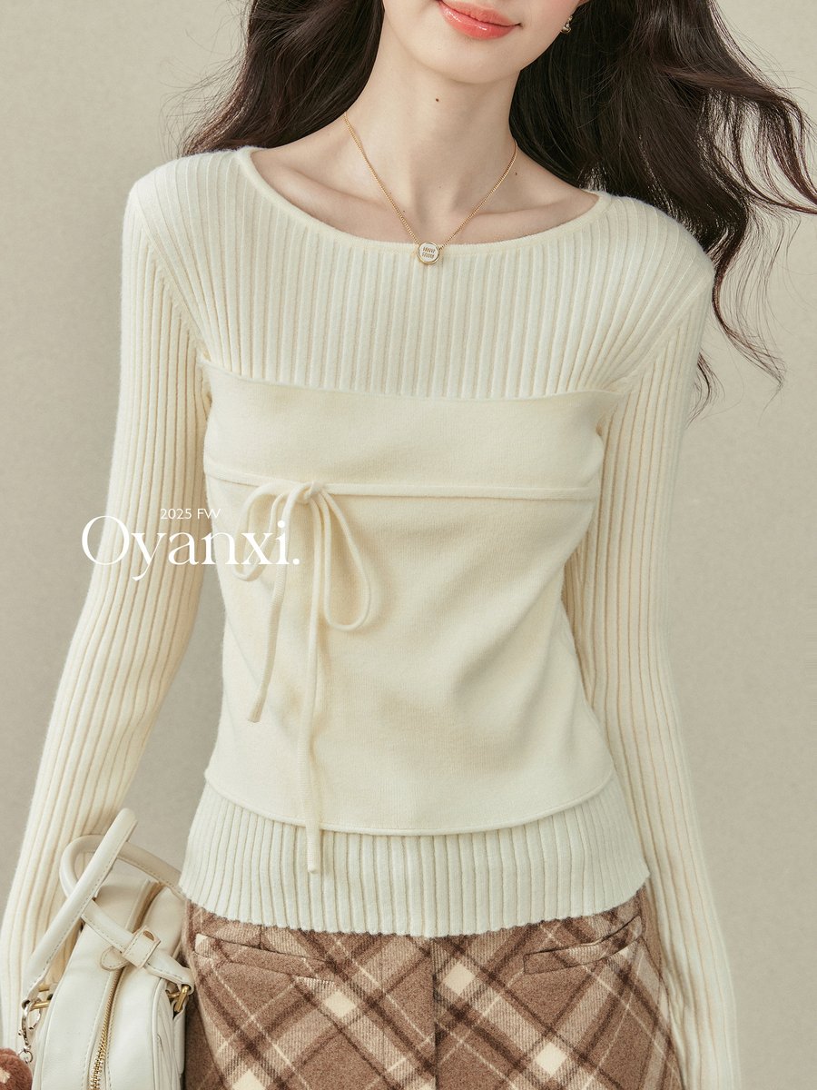 OYANXI クルーネック フェイクレイヤード 長袖ニット