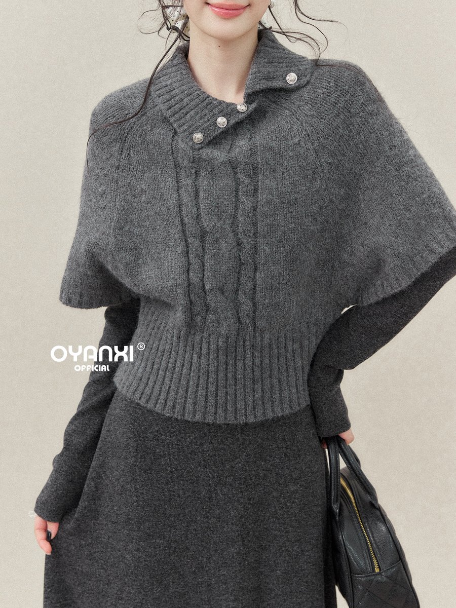 OYANXI パールボタン ケープ風 ゆったり ニットセーター