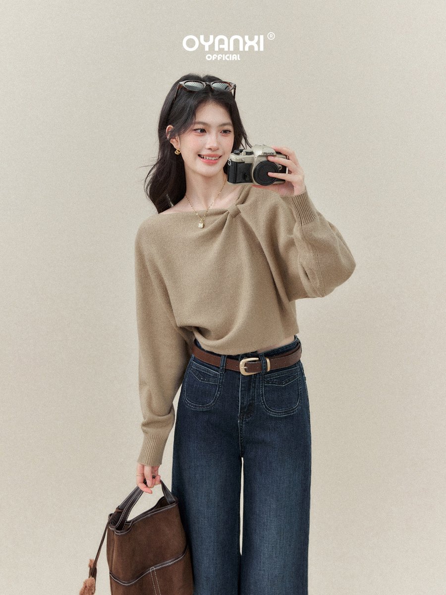 OYANXI ウォッシュド ハイウエスト ワイドデニムパンツ
