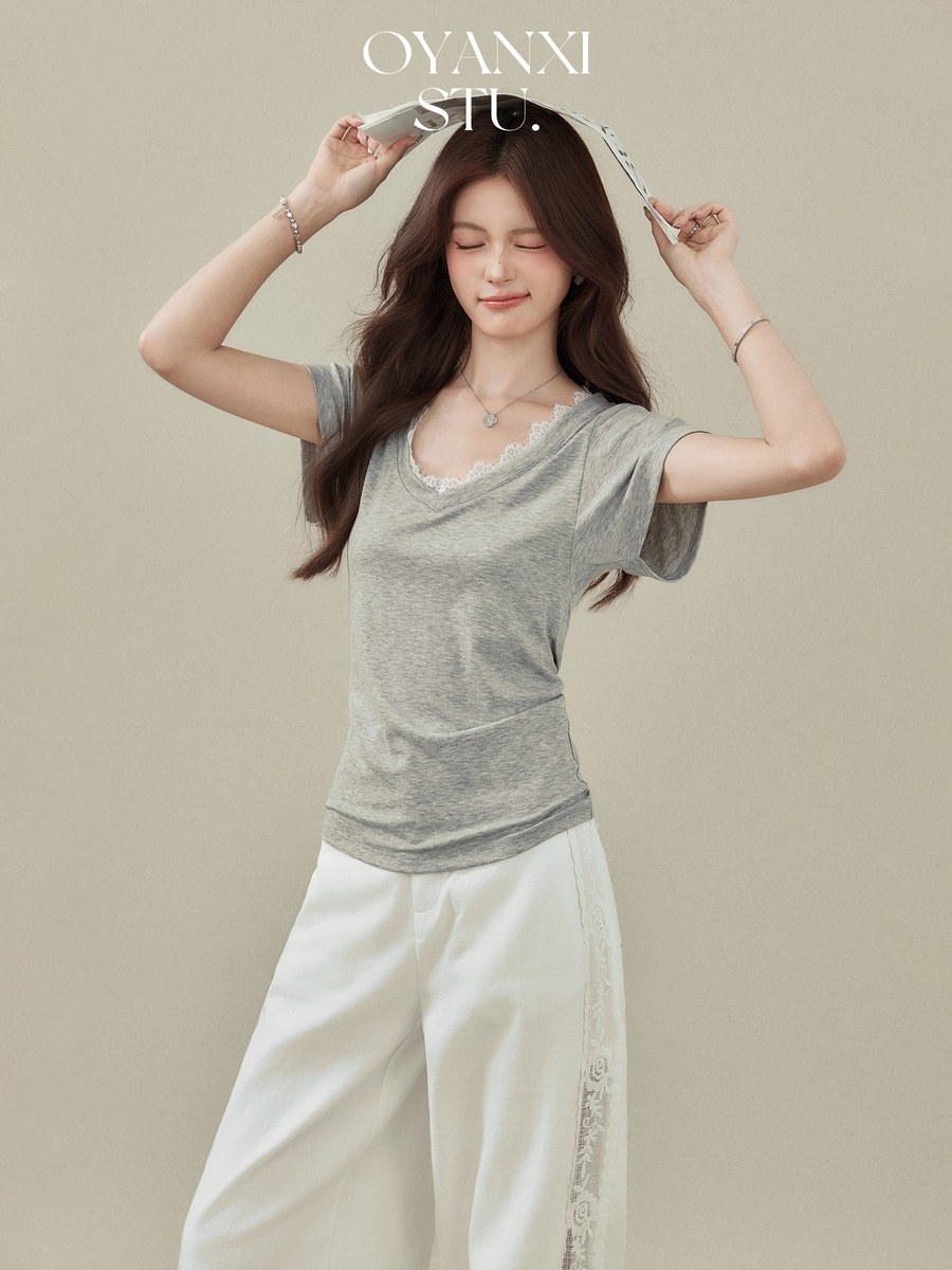 OYANXI レース切り替え Vネック 半袖Tシャツ グレー