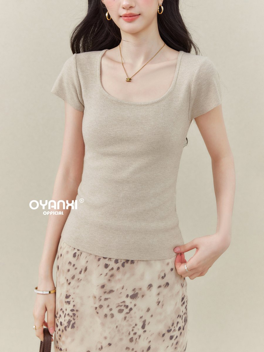 OYANXI スクエアネック スリム 半袖ニットTシャツ