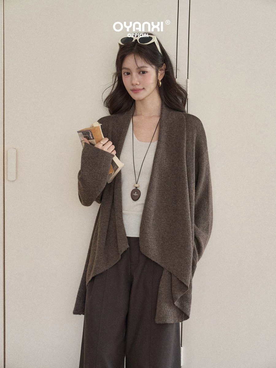 OYANXI ショールカラー ワイドスリーブ アシンメトリーヘム ニットカーディガン