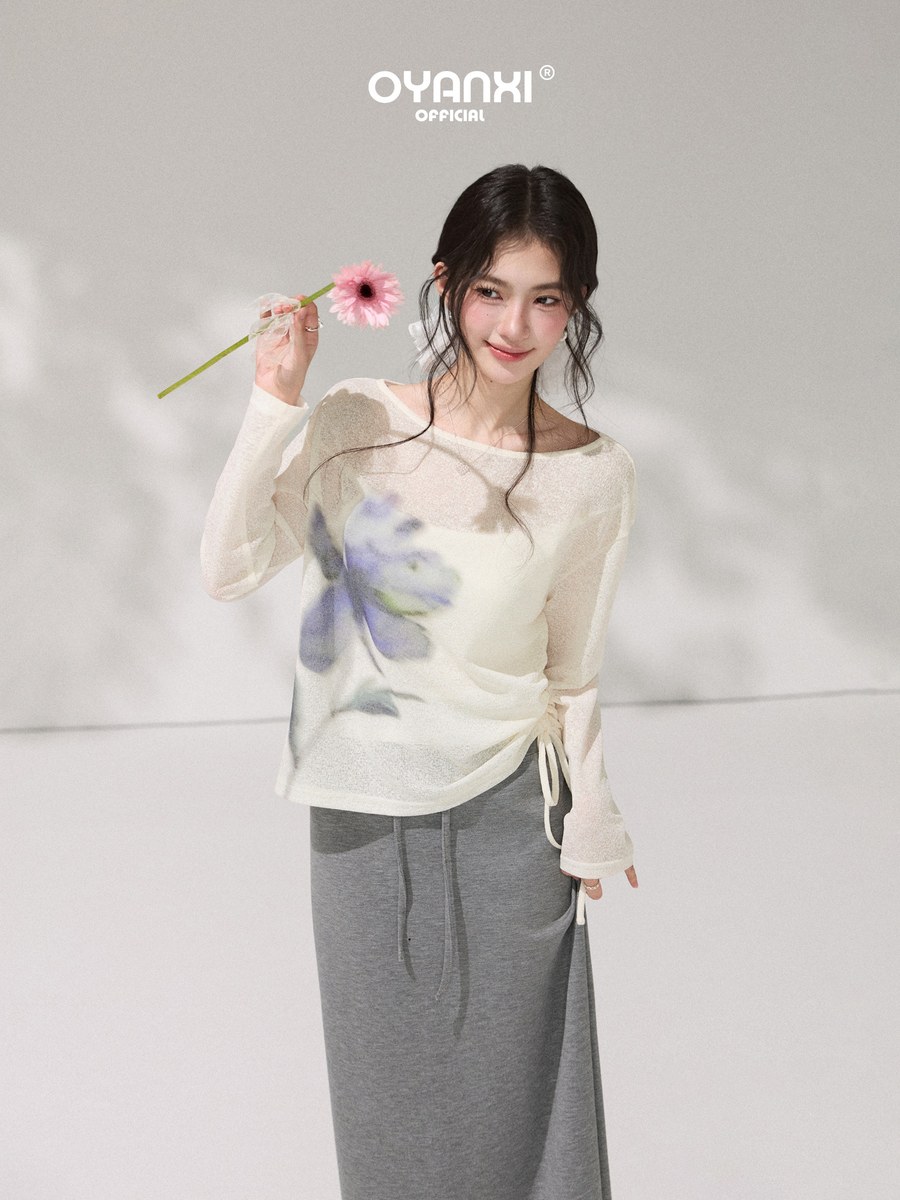 OYANXI ボタニカルプリント クルーネック 長袖カバーアップTシャツ