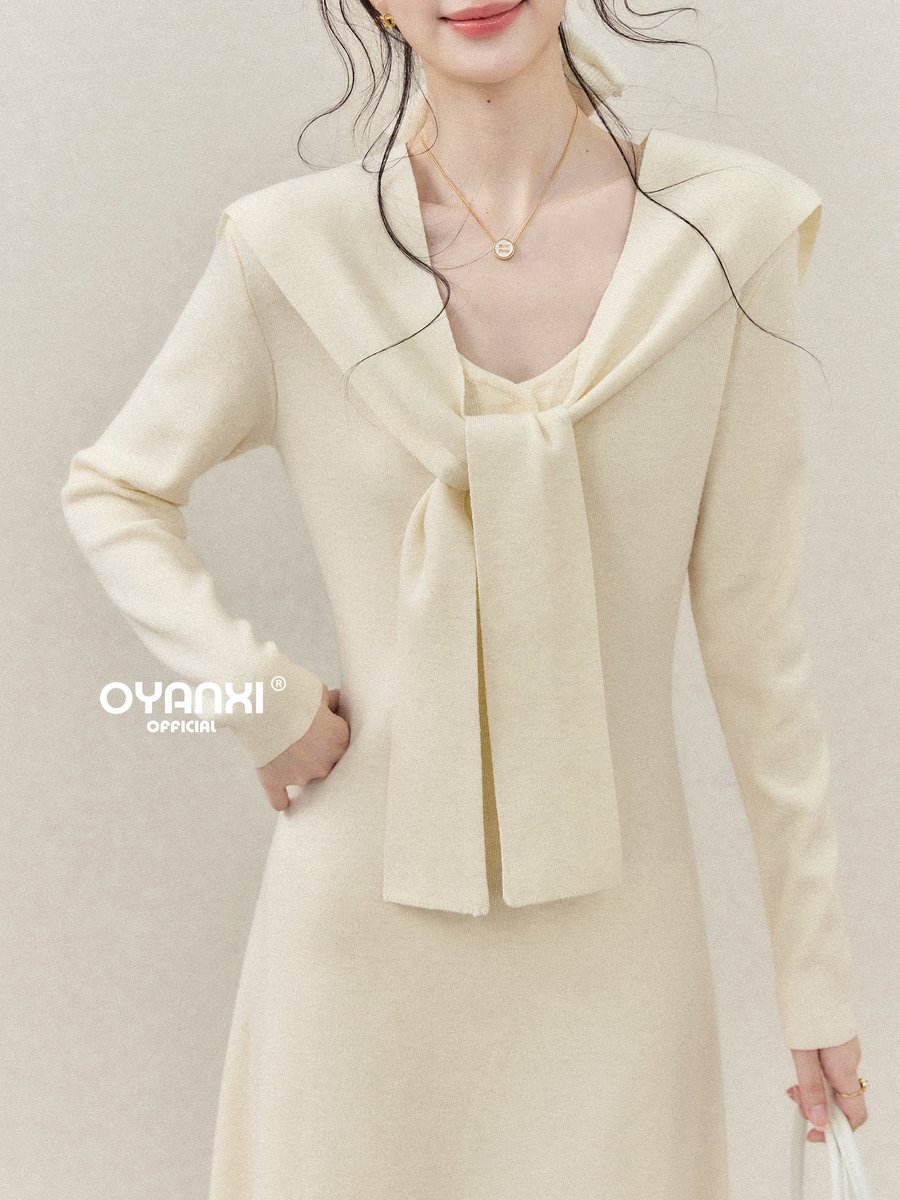 OYANXI Vネック ショール付き ウエストシェイプ 長袖ワンピース