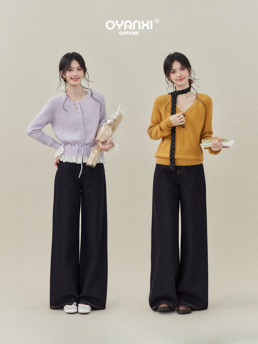 OYANXI ハイウエスト ワイドデニムパンツ ダークブルー