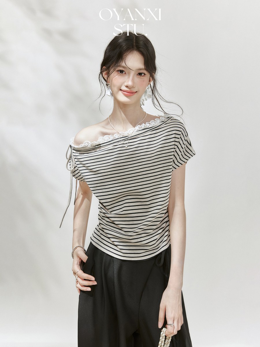 OYANXI ストライプ ワンショルダー 半袖Tシャツ