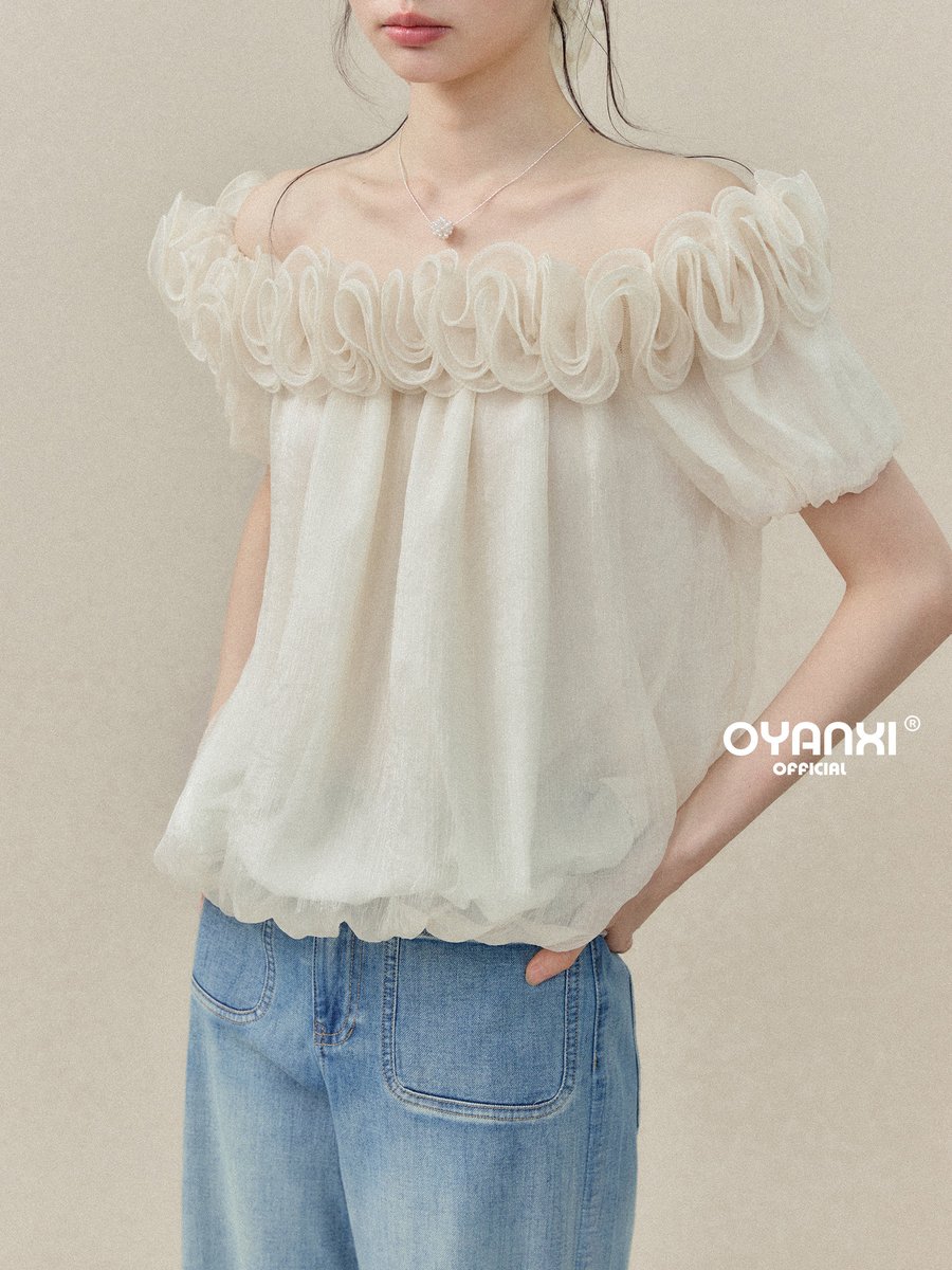 OYANXI オフショルダー フリル ショート丈ブラウス