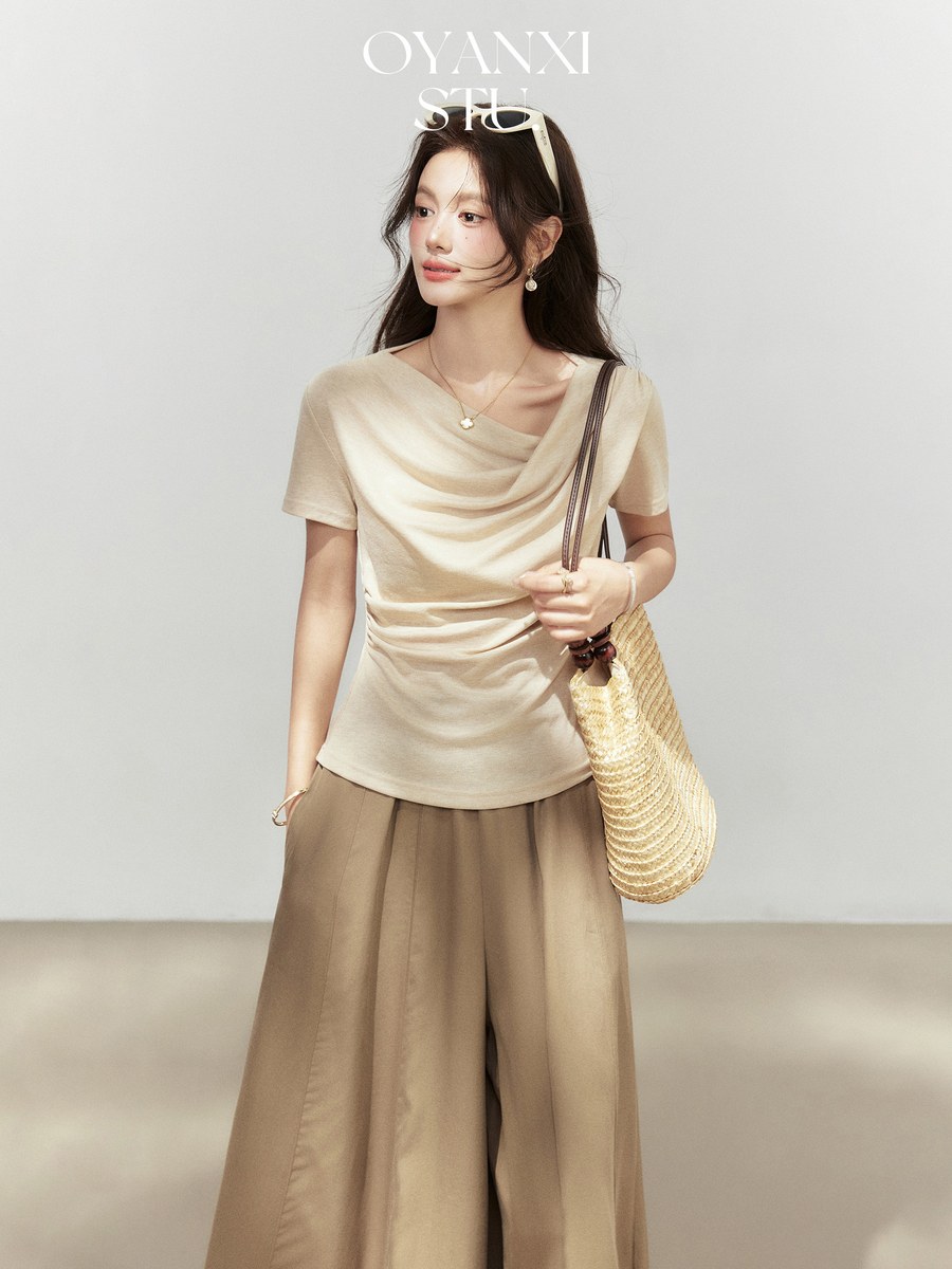 OYANXI ギャザー アシンメトリーネック 半袖Tシャツ