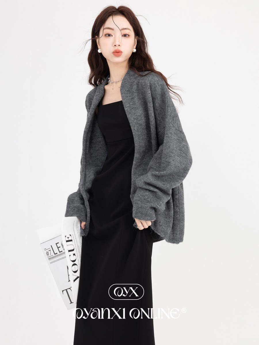 OYANXI ゆったり 長袖ニットカーディガン ダークグレー