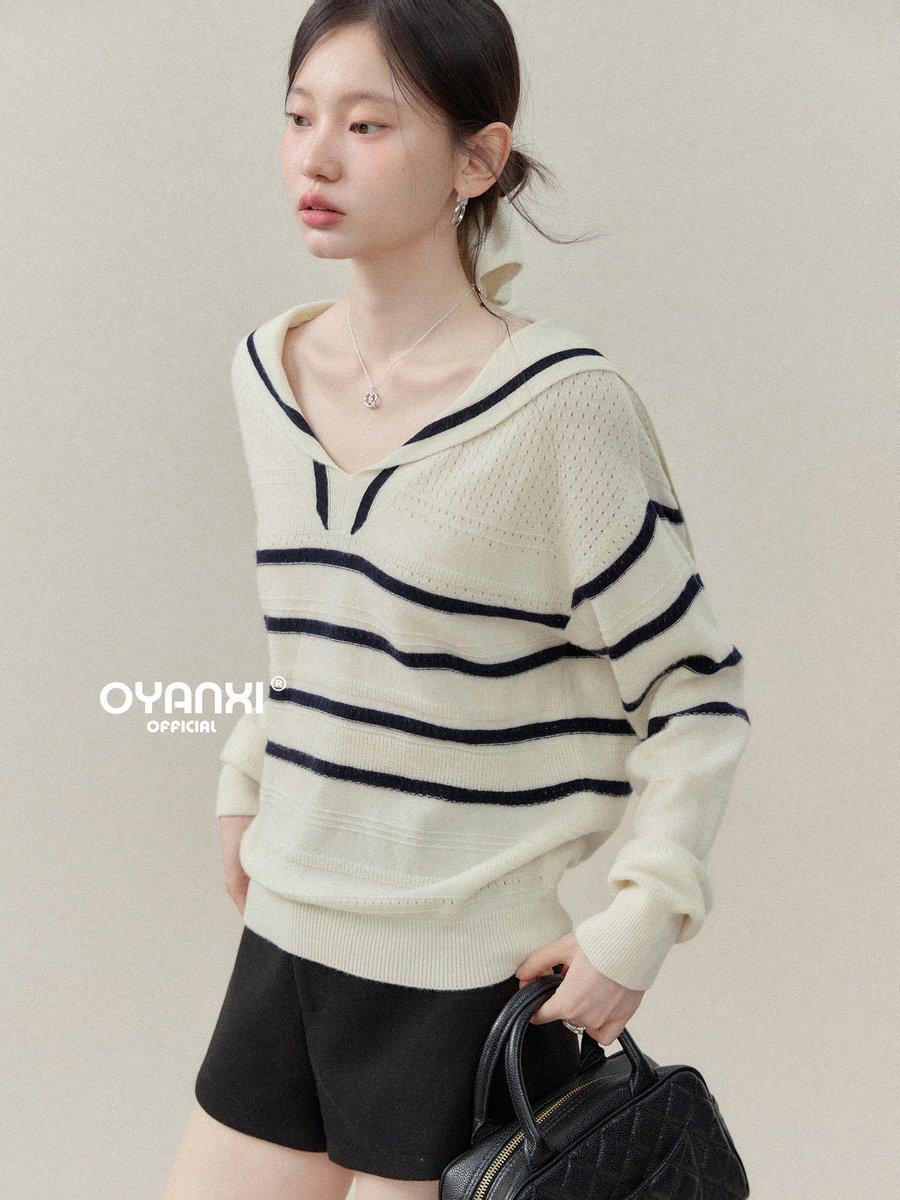 OYANXI ストライプ セーラーカラー ゆったりニットセーター