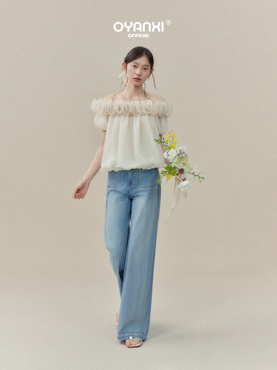 OYANXI オフショルダー フリル ショート丈ブラウス