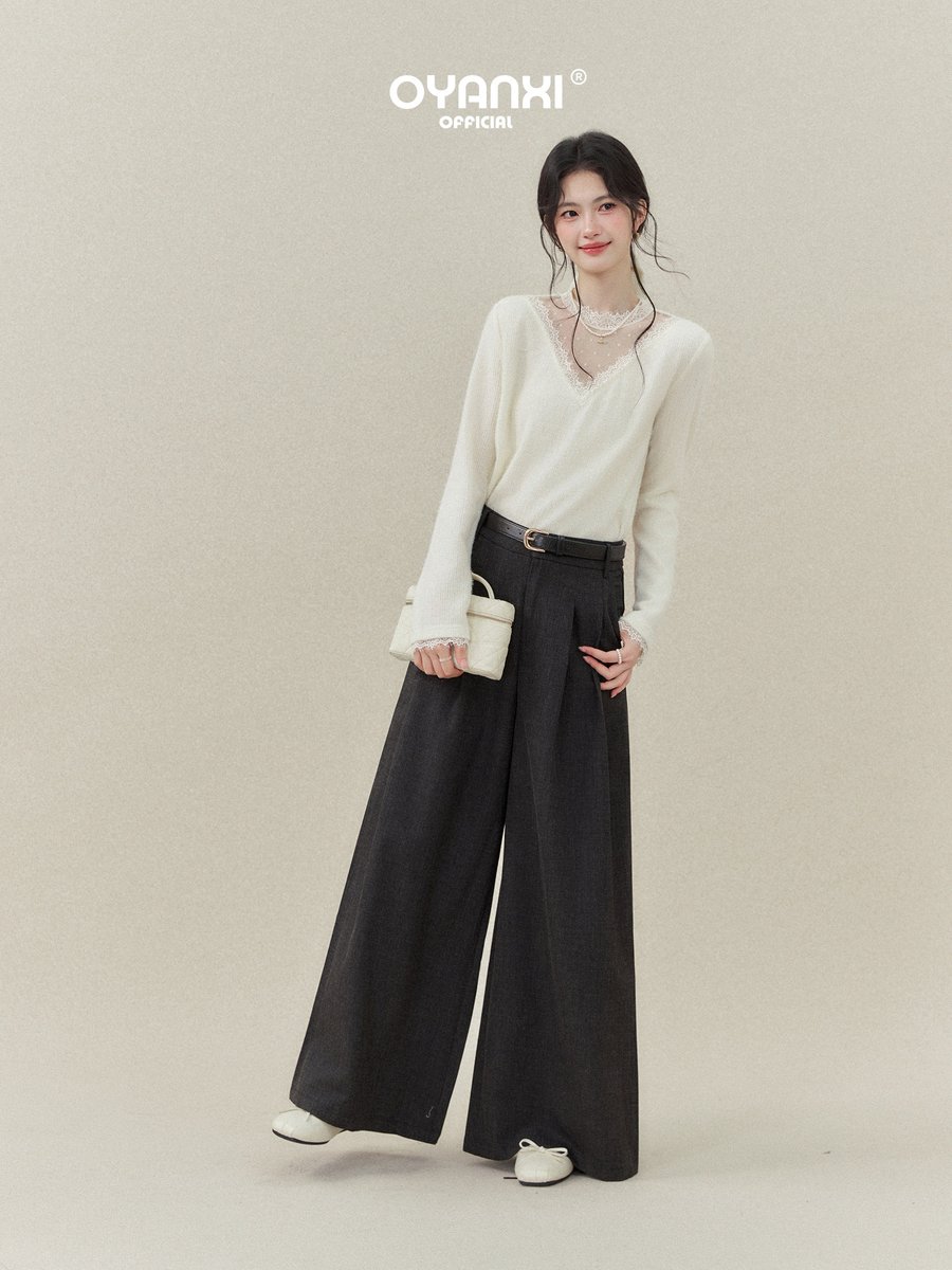 OYANXI レース切り替え Vネック ゆったり 長袖Tシャツ