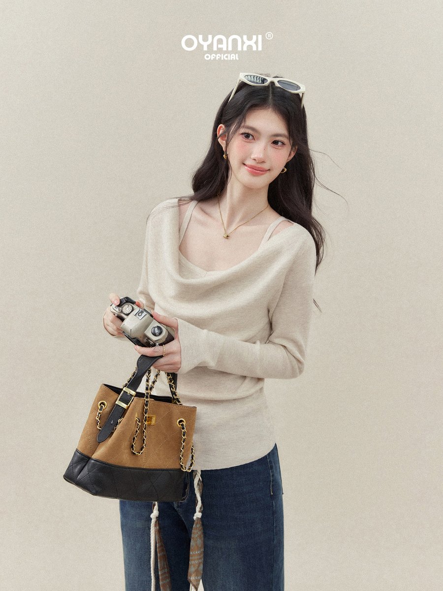 OYANXI ドレープネック フェイクレイヤード ニットトップス