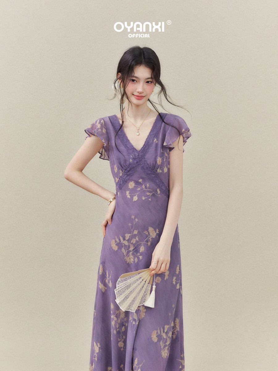 OYANXI 小花柄 フリルスリーブ Vネック ロングワンピース