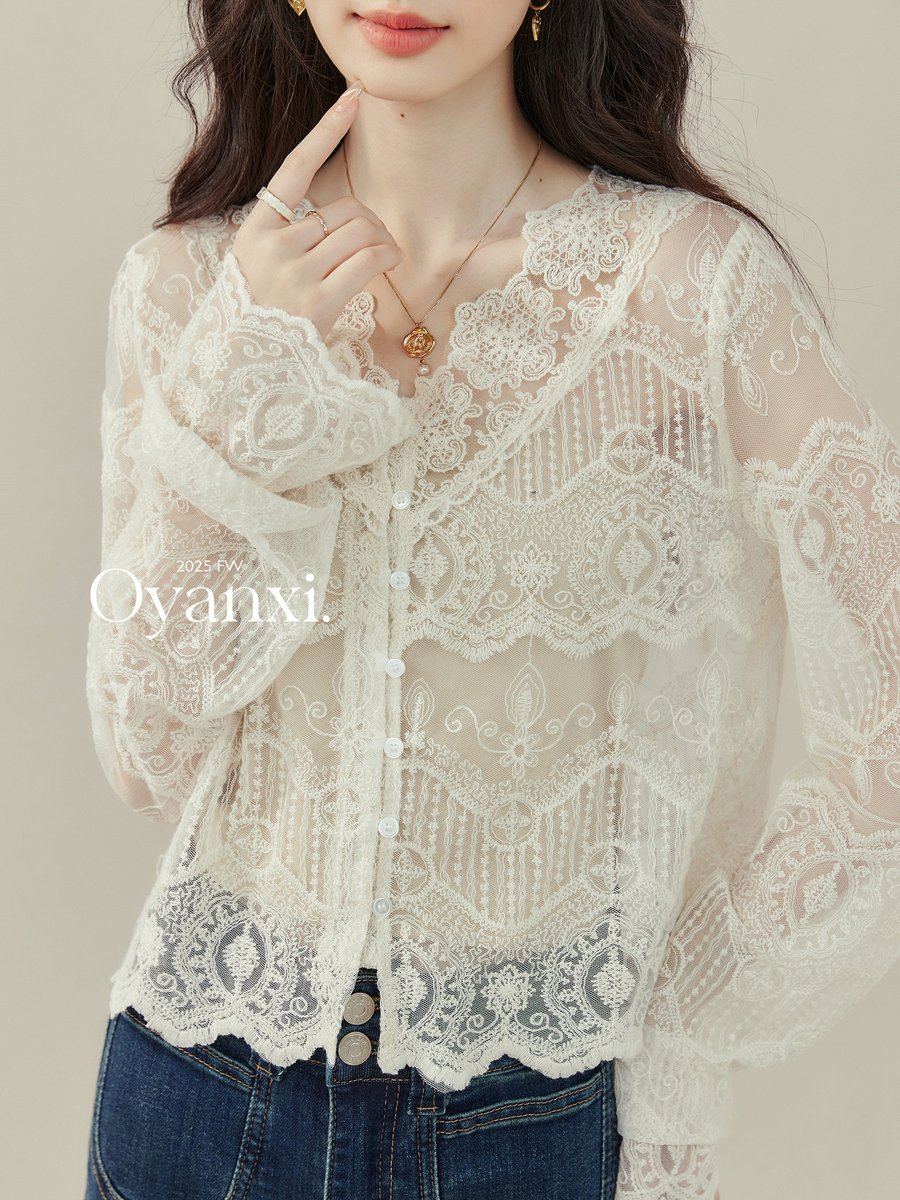 OYANXI かぎ編み レース フレアスリーブ ブラウス