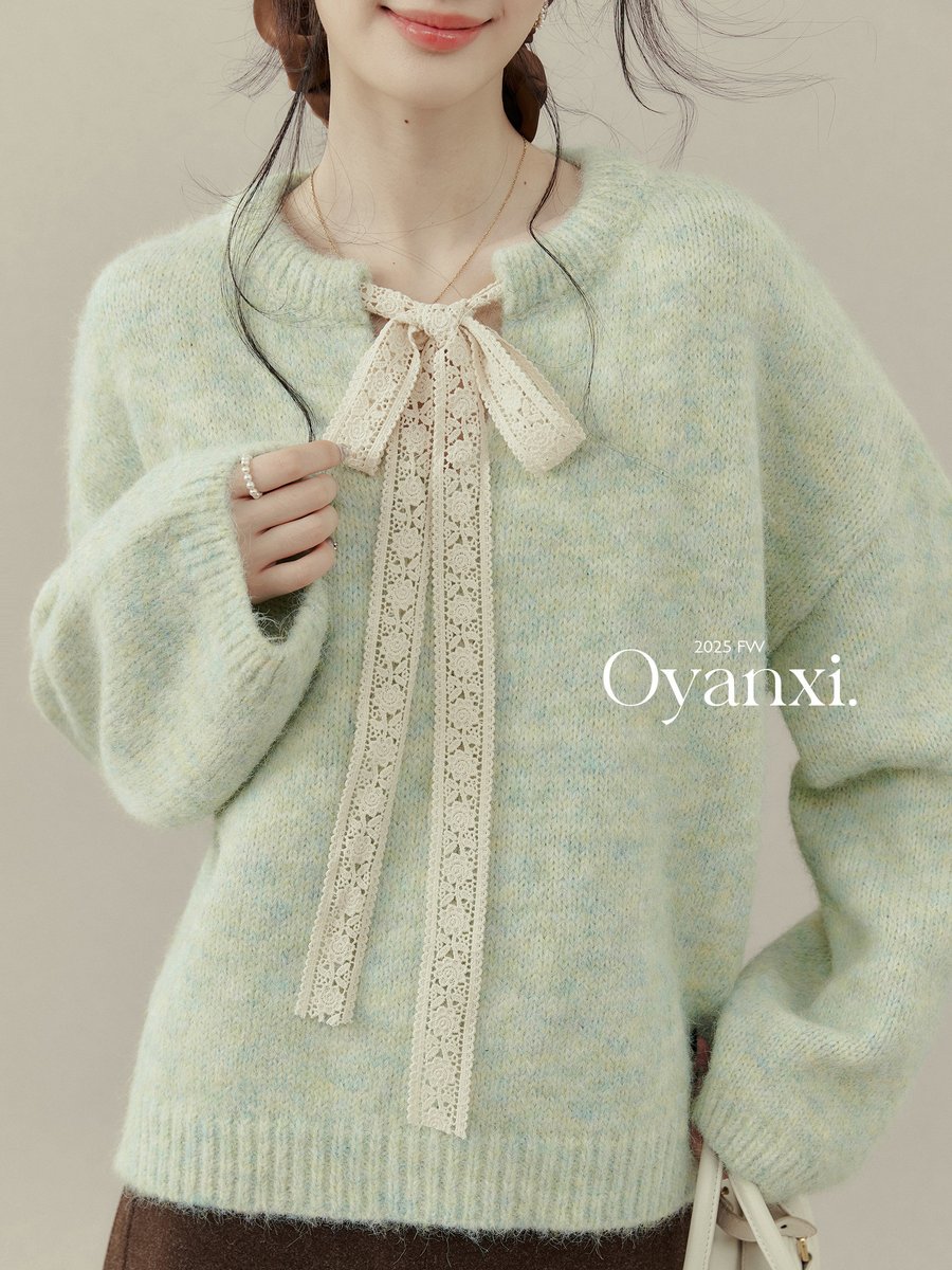 OYANXI レース リボン付き ライトグリーンニット