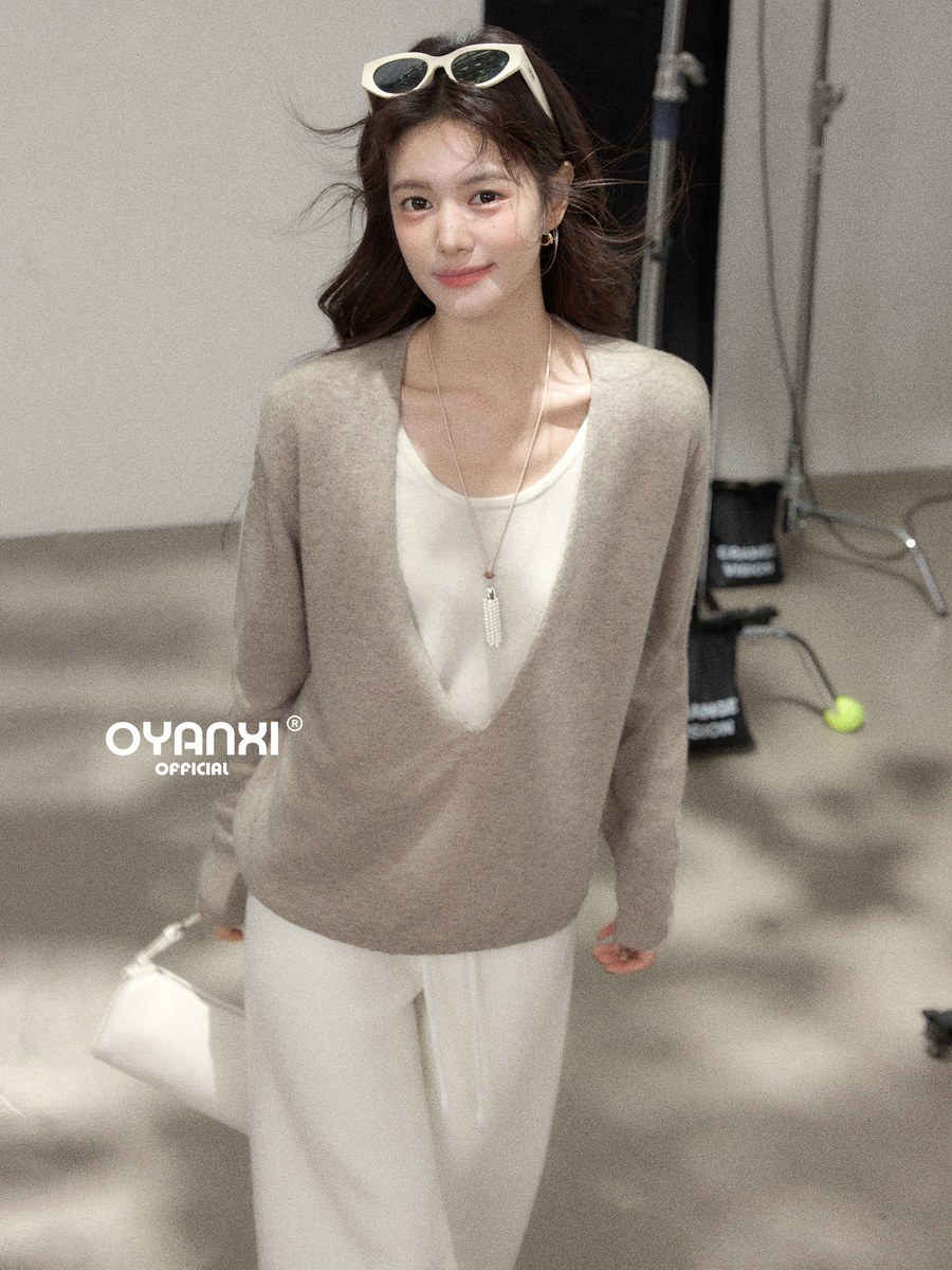 OYANXI Vネック フェイクレイヤード ゆったり 長袖セーター