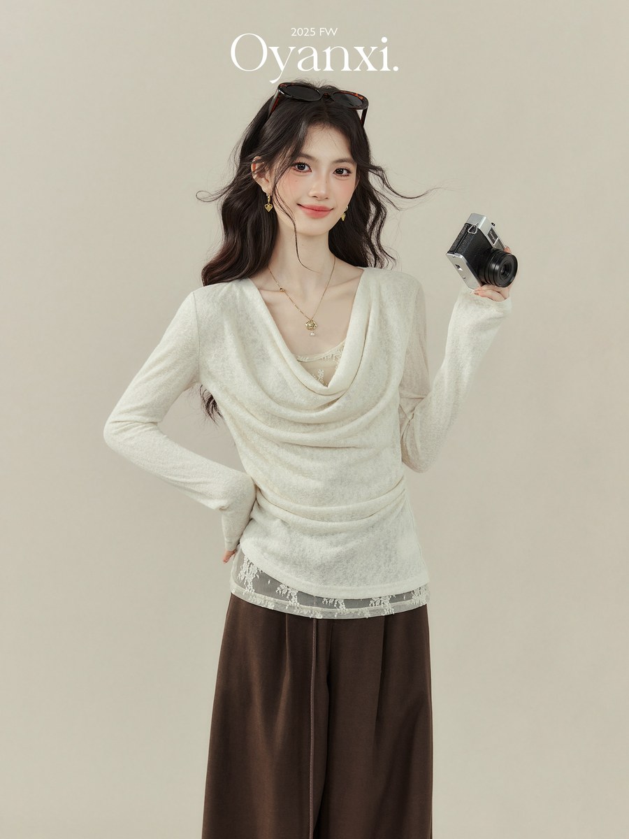 OYANXI ドレープネック レース フェイクレイヤード 長袖Tシャツ