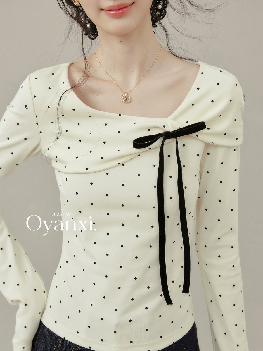 OYANXI ドット柄 リボン付き 長袖Tシャツ