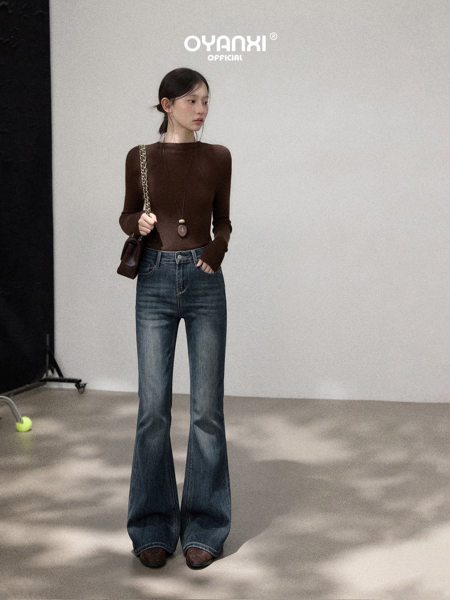 OYANXI レトロ ハイウエスト フレア ロングデニムパンツ
