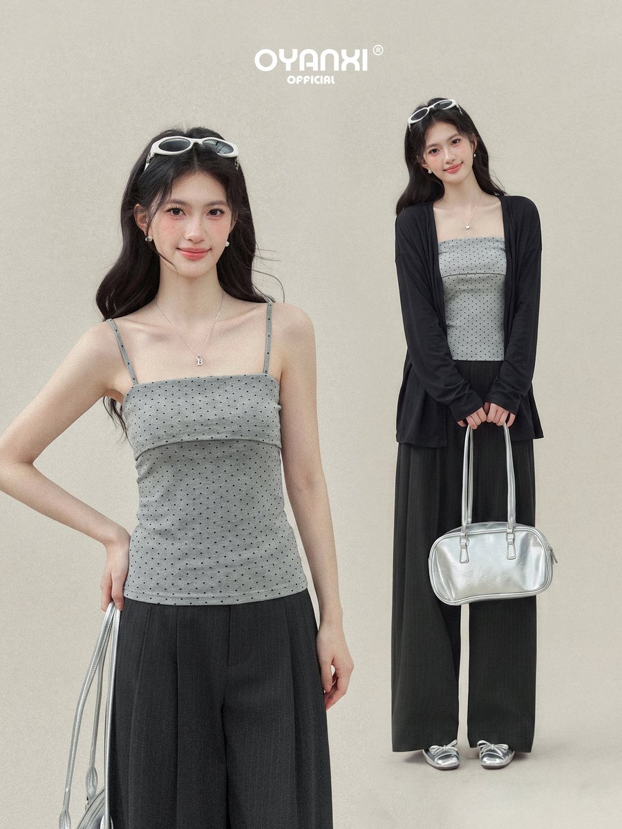 OYANXI ゆったり 長袖カーディガン＆ドット柄キャミ