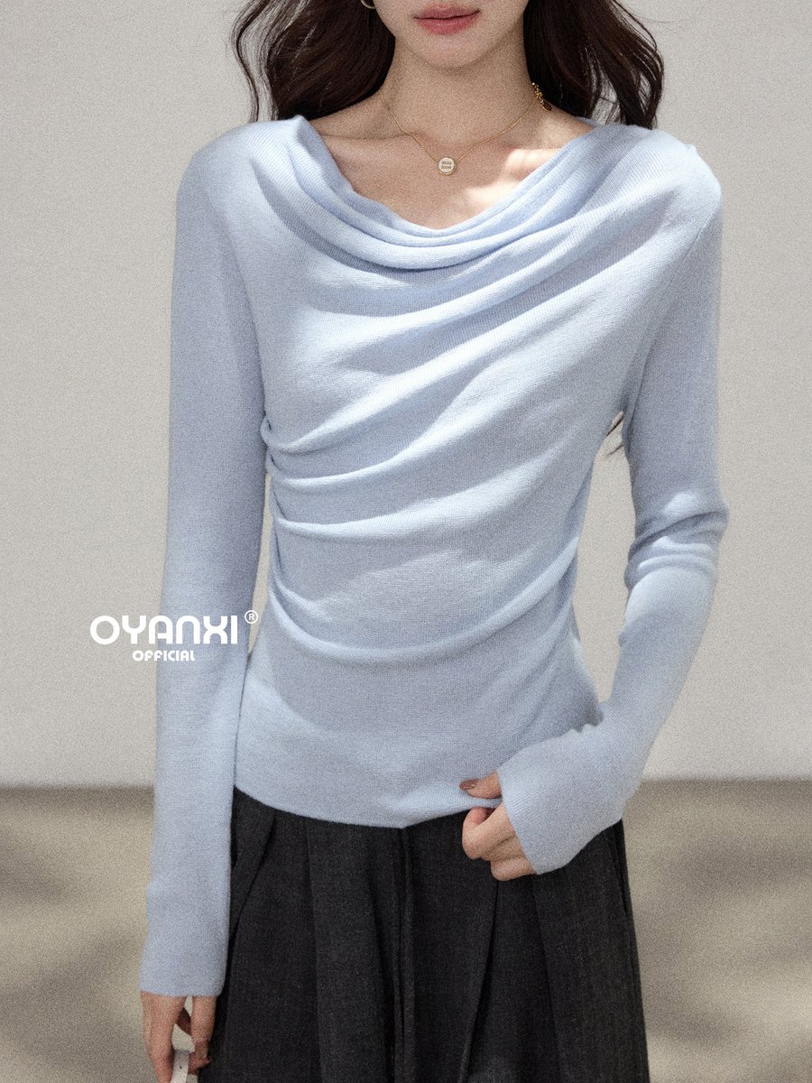 OYANXI ドレープネック 長袖ニットトップス